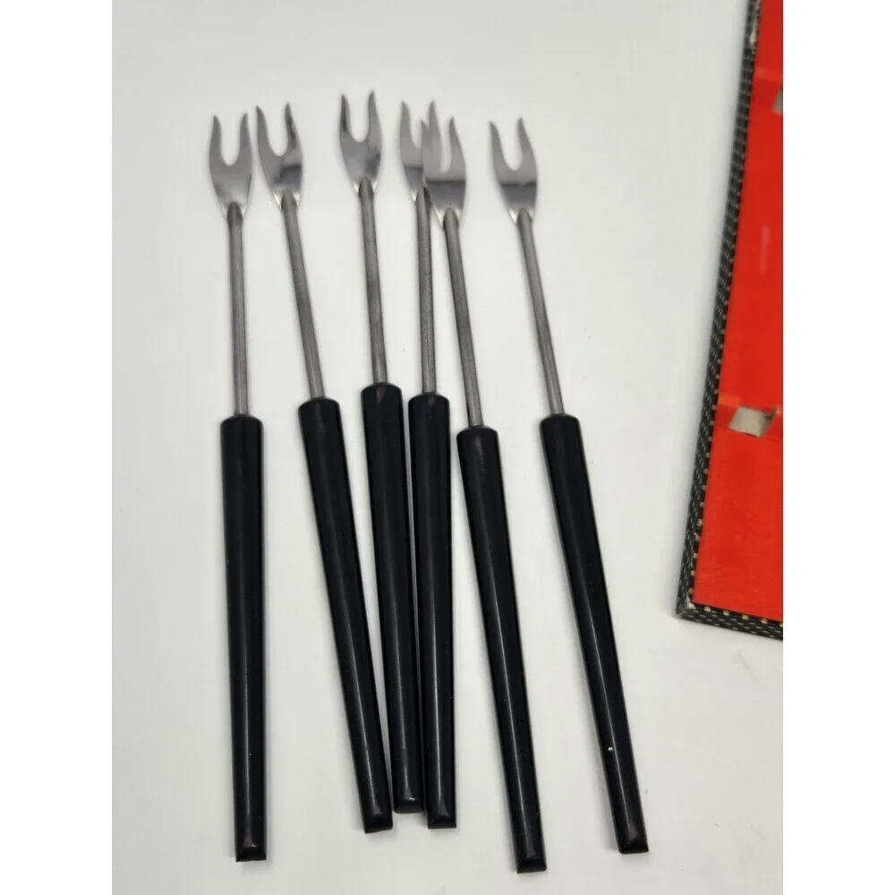 VINTAGE STAINLESS STEEL BLACK HANDLE FONDUE FORKS SET OF 6 WITH BOX FRANCE MCM